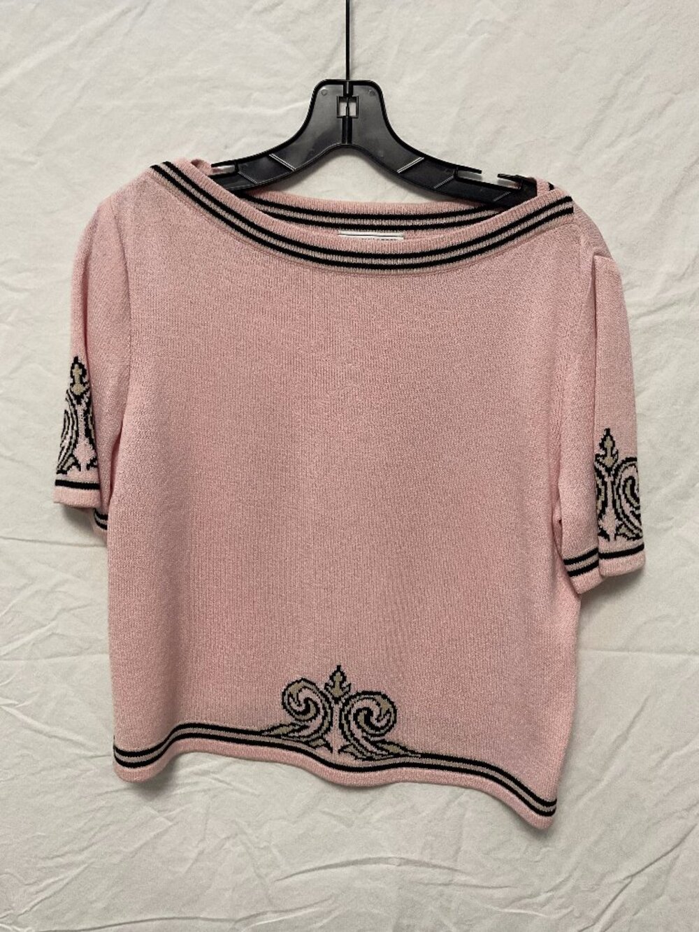 St. John Sport by Marie Gray Pink Knit Top Black Scroll Trim Size S